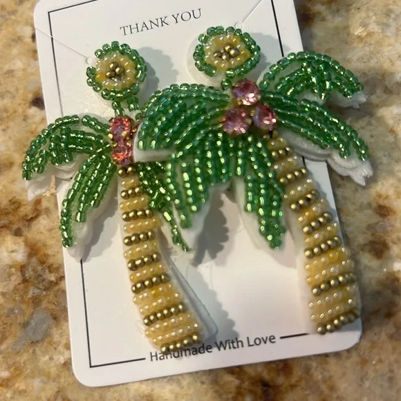 Handmade Beaded Palm Tree Earrings - Picture 2 of 2